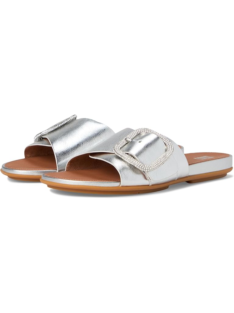 Silver FitFlop Gracie Crystal Maxi-Buckle Metallic-Leather Slides