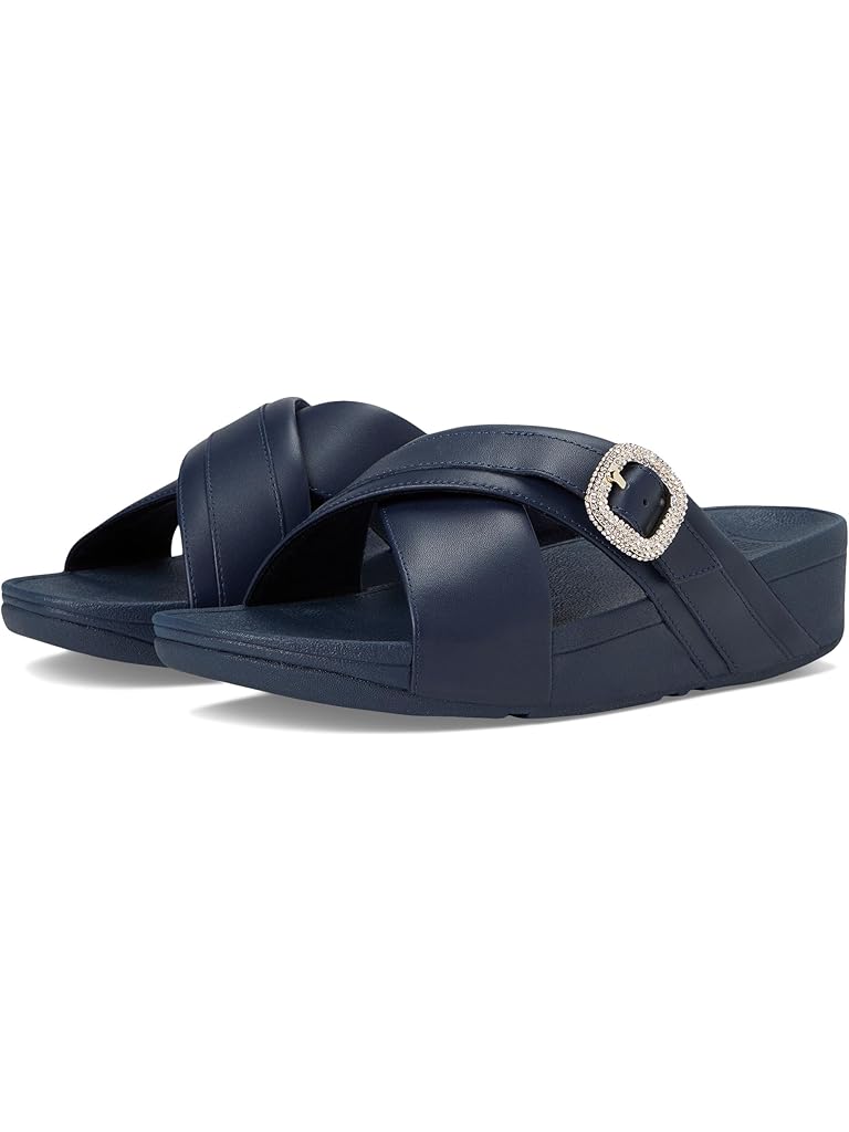 Blue FitFlop Lulu Crystal-Buckle Leather Cross Slides