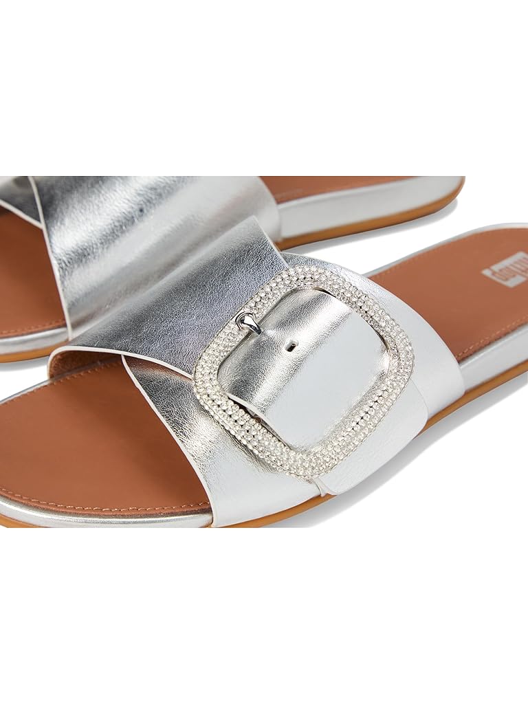 Silver FitFlop Gracie Crystal Maxi-Buckle Metallic-Leather Slides